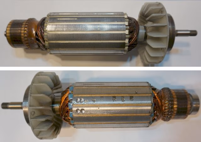Einphasen Kollektor Motor, 230 V, 50 Hz,  nun ist er durchgebrannt der Anker zum wievielten mal einfach so mal wieder hier das zweite mal, im Bild der Anker (Rotor mit Wicklung)