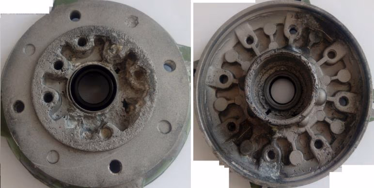 D Mot Drehstrommotor Aluguß - Gehäuse, hier A Flanschlagerschild und B Lagerschild (im Bild zu sehen stark angegriffen). Neu wickeln erforderlich indirekter Schaden